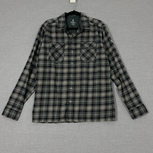 Kuhl Flannel Plaid Shirt Sz Large Black Brown Cotton Tencel Blend - Picture 1 of 10